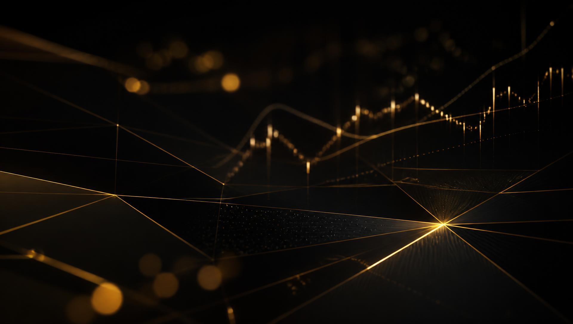 Gráficos financeiros dourados sobre fundo preto
